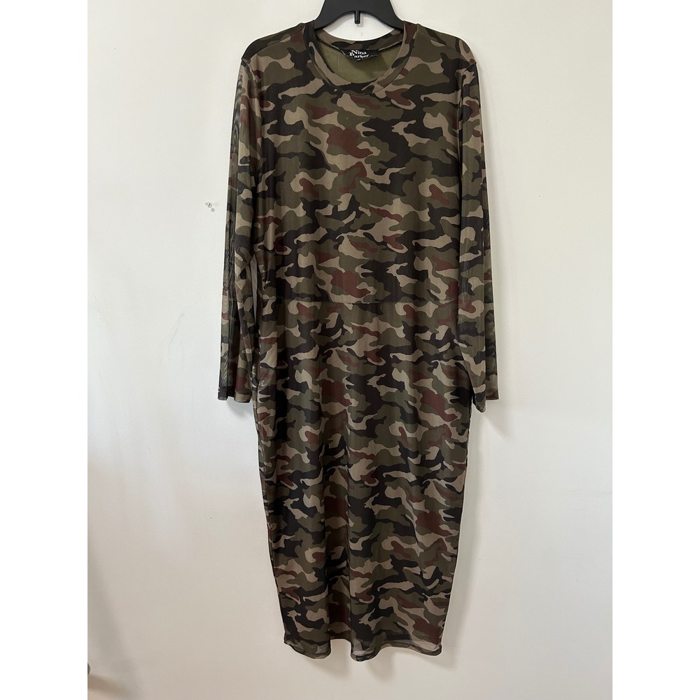 Nina Parker Camo Mesh Overlay Long Sleeve Midi Dress Women 3X Green Streetwear